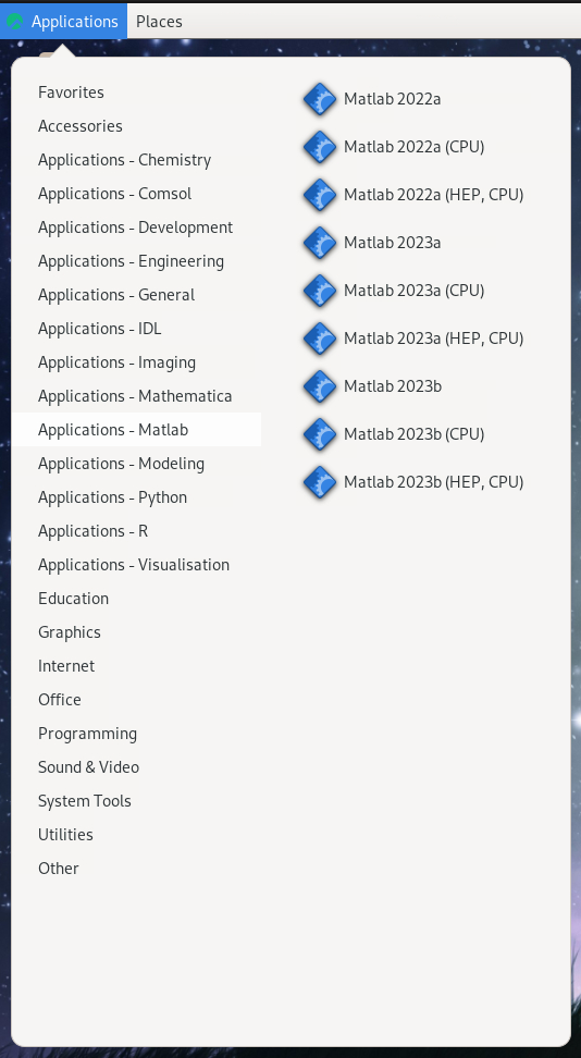 MATLAB versions menu
