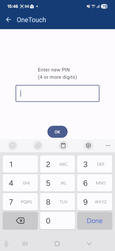 OneTouch app PIN code entry screen