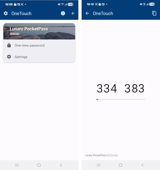 OneTouch app displaying a one-time password