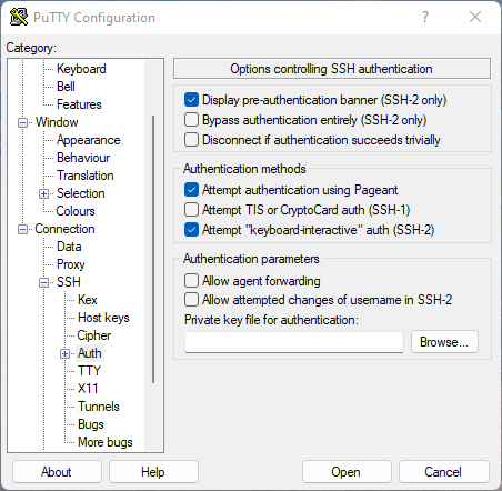 PuTTY configured for keyboard-interactive login
